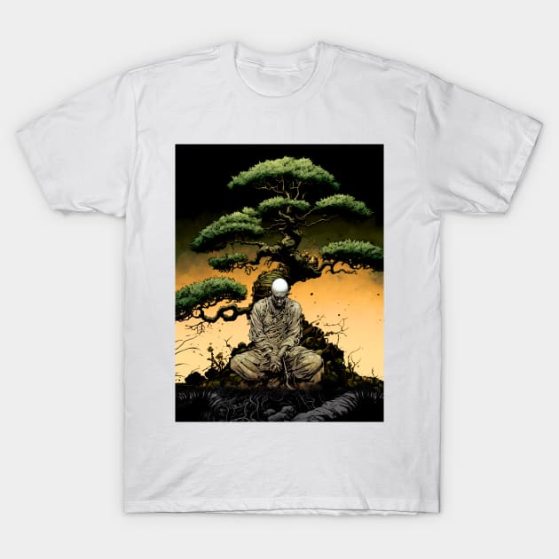 Tranquility in Chaos: Meditating Under the Japanese Bonsai Tree T-Shirt by Puff Sumo